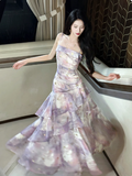 Purple Spaghetti Straps A-Line Chiffon Prom Dresses Evening Gowns with Ruffles HZ1024