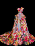 Jacquard Satin Strapless A-Line 3D Applique Train Wedding Dresses HZ1024