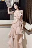 Peach Halter Neck A-Line Chiffon Layered Prom Dresses Fashion Birthday Evening Dress Gowns HZ1024