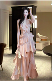 Peach Halter Neck A-Line Chiffon Layered Prom Dresses Fashion Birthday Evening Dress Gowns HZ1024