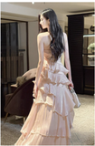 Peach Halter Neck A-Line Chiffon Layered Prom Dresses Fashion Birthday Evening Dress Gowns HZ1024