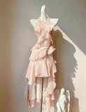 Peach Halter Neck A-Line Chiffon Layered Prom Dresses Fashion Birthday Evening Dress Gowns HZ1024