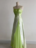 Green Square Neck A-Line Satin Sequins Prom Dresses Vintage Tulle Party Dress HZ1024