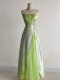 Green Square Neck A-Line Satin Sequins Prom Dresses Vintage Tulle Party Dress HZ1024