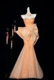 Orange Strapless Mermaid Tulle Prom Dresses Glam Bow Evening Gowns HZ1024