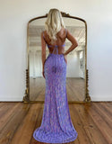 Purple Spaghetti Straps Sheath Sequin Beading Prom Dresses Formal Evening Gowns HZ1024