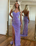 Purple Spaghetti Straps Sheath Sequin Beading Prom Dresses Formal Evening Gowns HZ1024