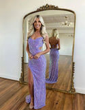 Purple Spaghetti Straps Sheath Sequin Beading Prom Dresses Formal Evening Gowns HZ1024