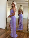 Purple Spaghetti Straps Sheath Sequin Beading Prom Dresses Formal Evening Gowns HZ1024
