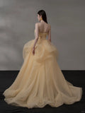 Light Orange Spaghetti Straps A-Line Tulle Long Prom Dresses Gorgeous Wedding Dress with Rhinestones HZ1024