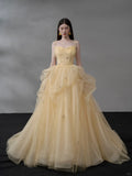 Light Orange Spaghetti Straps A-Line Tulle Long Prom Dresses Gorgeous Wedding Dress with Rhinestones HZ1024