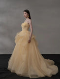 Light Orange Spaghetti Straps A-Line Tulle Long Prom Dresses Gorgeous Wedding Dress with Rhinestones HZ1024