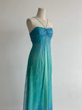 Gradient Turquoise Satin Chiffon Sheath Prom Dresses Vintage Formal Evening Gowns HZ1024