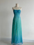 Gradient Turquoise Satin Chiffon Sheath Prom Dresses Vintage Formal Evening Gowns HZ1024