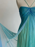 Gradient Turquoise Satin Chiffon Sheath Prom Dresses Vintage Formal Evening Gowns HZ1024