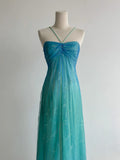 Gradient Turquoise Satin Chiffon Sheath Prom Dresses Vintage Formal Evening Gowns HZ1024