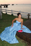 Blue Strapless A-Line Satin Prom Dresses Elegant Formal Evening Gowns HZ1024
