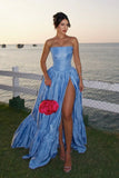 Blue Strapless A-Line Satin Prom Dresses Elegant Formal Evening Gowns HZ1024