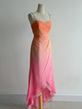 Gradient Orange Pink Spaghetti Straps A-Line Chiffon Prom Dresses Y2K Evening Gowns HZ1024