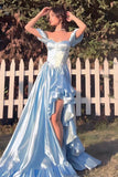 Sky Blue Sweetheart Neck A-Line Satin Prom Dresses Formal Evening Gowns with Slits HZ1024