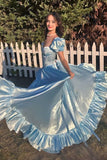 Sky Blue Sweetheart Neck A-Line Satin Prom Dresses Formal Evening Gowns with Slits HZ1024