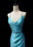 Blue Mermaid Taffeta V-neck Long Prom Dresses Formal Evening Gowns HZ1024