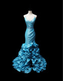 Blue Mermaid Taffeta V-neck Long Prom Dresses Formal Evening Gowns HZ1024