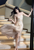 Light Pink Spaghetti Straps Party Dress A-Line Chiffon Sequin Long Prom Dresses HZ1024