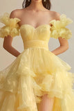 Butter Yellow Sweetheart Neck A-Line Tulle Long Prom Dresses Formal Evening Gowns HZ1024