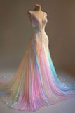 Colorful V-Neck A-Line Sequined Tulle Long Prom Dresses HZ1024