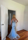 Gray Blue Spaghetti Straps Mermaid Tulle Long Prom Dresses Backless Applique Evening Gowns HZ1024