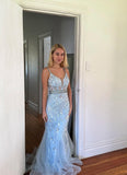 Gray Blue Spaghetti Straps Mermaid Tulle Long Prom Dresses Backless Applique Evening Gowns HZ1024