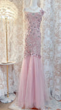 Pink Square Neck Mermaid Tulle Lace Long Prom Dresses Vintage Evening Dresses with Appliques HZ1024