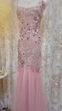 Pink Square Neck Mermaid Tulle Lace Long Prom Dresses Vintage Evening Dresses with Appliques HZ1024