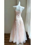 Pink Spaghetti Straps A-Line Tulle Long Prom Dresses Birthday Evening Dress Gowns HZ1024