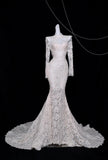White Turtleneck Lace Beaded Mermaid Long Sleeve Trailing Wedding Dress HZ1024