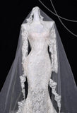White Turtleneck Lace Beaded Mermaid Long Sleeve Trailing Wedding Dress HZ1024