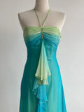 Gradient Turquoise Halter Neck Chiffon Sheath Prom Dresses Vintage Party Dress HZ1024