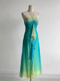 Gradient Turquoise Halter Neck Chiffon Sheath Prom Dresses Vintage Party Dress HZ1024