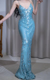 Blue Mermaid V Neck Satin Sequin Long Prom Dresses Formal Evening Gowns HZ1024