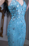 Blue Mermaid V Neck Satin Sequin Long Prom Dresses Formal Evening Gowns HZ1024