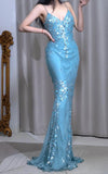 Blue Mermaid V Neck Satin Sequin Long Prom Dresses Formal Evening Gowns HZ1024