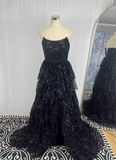 Black Strapless A-Line Sequin Slit Long Prom Dresses Formal Evening Gowns HZ1024