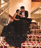 Black Strapless A-Line Sequin Slit Long Prom Dresses Formal Evening Gowns HZ1024