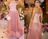 Pink Strapless A-Line Tulle Long Prom Dresses Formal Evening Gowns HZ1024
