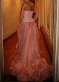 Pink Strapless A-Line Tulle Long Prom Dresses Formal Evening Gowns HZ1024