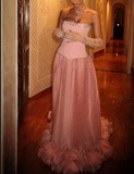 Pink Strapless A-Line Tulle Long Prom Dresses Formal Evening Gowns HZ1024