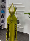 Olive Green Deep V Neck Bodycon Party Dress Sexy Satin Slit Evening Gowns HZ1024