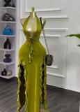 Olive Green Deep V Neck Bodycon Party Dress Sexy Satin Slit Evening Gowns HZ1024
