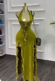 Olive Green Deep V Neck Bodycon Party Dress Sexy Satin Slit Evening Gowns HZ1024